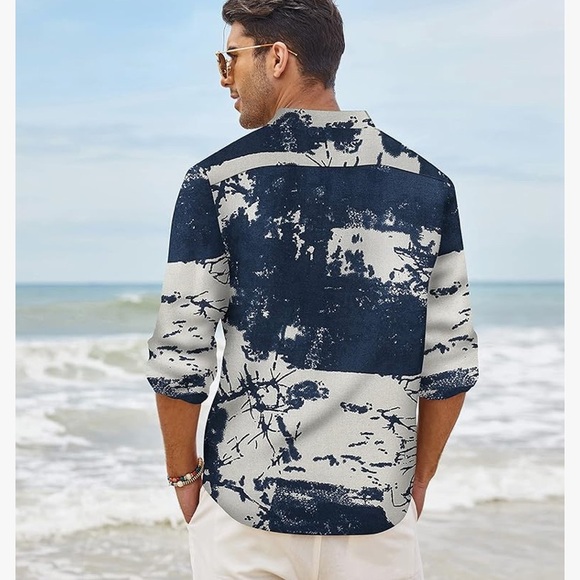 NWT COOFANDY man’s navy/white long sleeve Henley, neck, cotton shirt size XXL - Picture 2 of 11